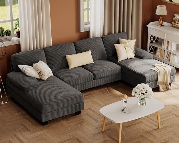 Furmax Sectional Couches for Living Room, U-Shaped Sofa Couch with Linen Fabric, 4 Seat Sofa Set with Double Chaise for Apartment (Corduroy, Dark Grey) - Image 1