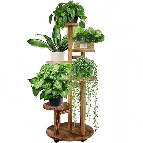 GEEBOBO 5 Tiered Tall Plant Stand for Indoor, Wood Plant Shelf Corner Display Rack, Multi-tier Planter Pot Holder Flower Stand for Living Room Balcony Garden Patio (Brown) - Image 1