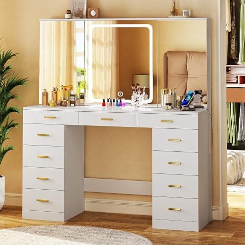Vanity Desk with Mirror and Lights, 47.2" Makeup Vanity with 11 Storage Drawers and Hidden Storage Shelves, White Vanity with Charging Stations & 3 LED Lighting Modes Adjustable, for Bedroom - Image 1