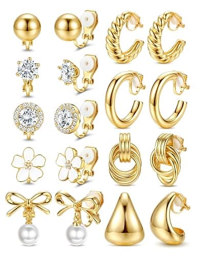 LOLIAS Clip On Earrings for Women 14K Gold Plated Clip Earrings Non Pierced Ears Clips CZ Pearl Knot Twist Chunky Hoop and Studs Earring Set Hypoallergenic Fake Earings Jewelry - Image 1