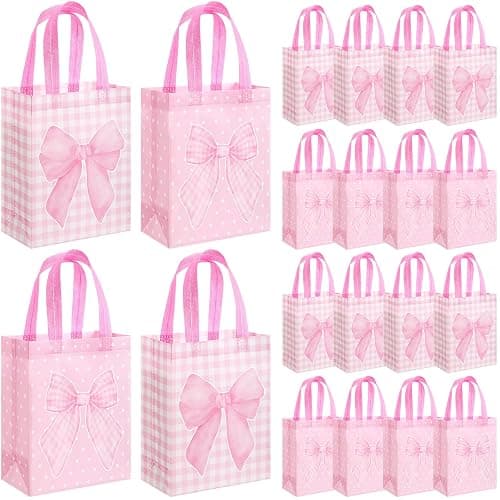 Wovnet 30 Pcs Pink Bow Gift Bags Reusable Non Woven Party Favor Bag Coquette Bow Goodie Treat Bags with Handle for Girls Wedding Bridal Shower Tea Party Birthday 10 x 8 x 4in - Image 1