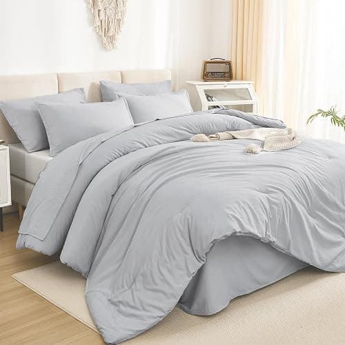 Litanika Full Size Comforter Sets Light Grey - 7 Pieces Bed in a Bag Full Bedding Comforter Sets, Solid Lightweight Bed Set with Comforter, Sheets, Pillowcases & Shams - Image 1