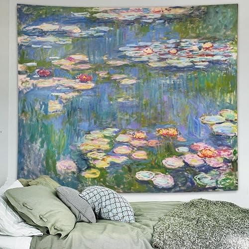 Avinyl Monet Waterlily Wall Tapestry, Green Floral Plant Art Poster for Bedroom Girls Boys, Small Nature Flower Pond Wall Hanging, Watercolor Tapestries for Living Room Dorm Decor 39in X 51in - Image 1