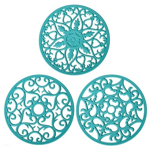 Kalsreui Teal Trivets for Hot Dishes, Silicone Hot Pads for Kitchen, Silicone Trivets for Hot Pots and Pans, Countertop and Tabletop Trivet Mat, Multi Use Round Silicon Pot Holders Set of 3 - Image 1