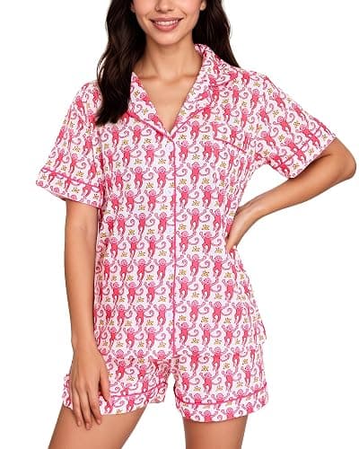 Zuafy Women's Pajamas Set Button Down Ladies Summer Pajamas Monkey Printed Sleepwear Short Sleeve 2 Pc Pjs for Birthday Gift - Image 1