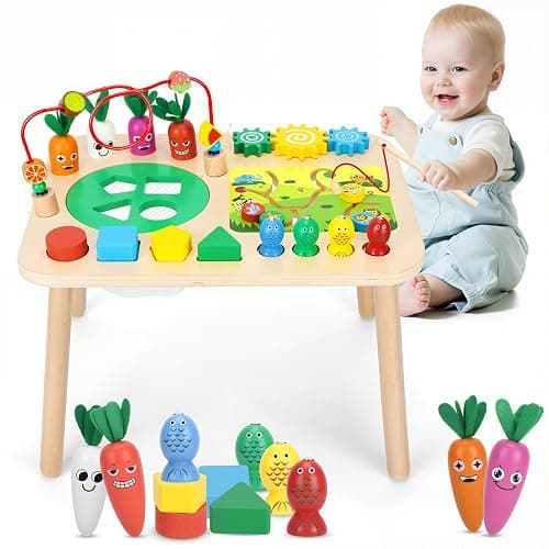 HEYLANDU Activity Table, Montessori Toys for 1 2 Year Old Girls Boy Gifts, 7 in 1 Wooden Sensory Play Table for Toddler 1 2 3, Learning Toys for Baby 12-18 Months 1st Christmas Birthday Gifts - Image 1