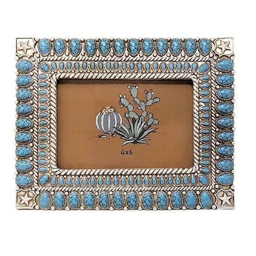Resin Southwestern 4x6 Photo Frame - Western Picture Frame with Faux Turquoise Gems and Silver Stars - Rustic Home Décor for Cowboy, Ranch, and Desert-Themed Rooms - Tabletop or Shelf Display - Image 1