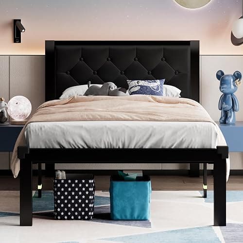 Feonase Twin Size Metal Bed Frame with Faux Leather Button Tufted Headboard, Heavy-Duty Platform Bed Frame with 12" Storage, Steel Slats Support, No Box Spring Needed, Noise Free, Black - Image 1