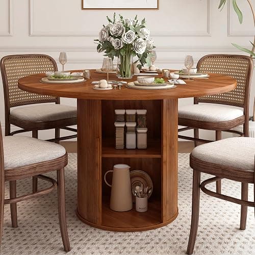 weselon 47 inch Round Dining Table for 4, Kitchen Table Dinner Table with 2-Layer Storage Shelf and Wood Slide Door for Home Dining Room Living Room (Walnut) - Walnut+hidden Storage - Image 1