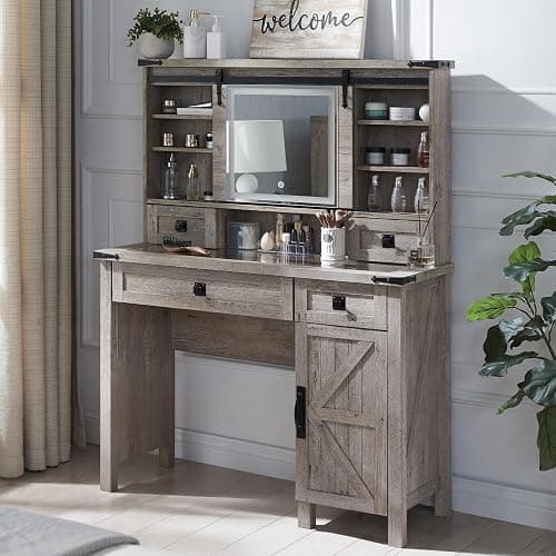 T4TREAM Farmhouse Makeup Vanity Desk with Sliding Mirror and Lights, 42'' Glass Tabletop Vanity Table with 2 Drawers & Shelves, Rustic Big Vanity Set for Bedroom, Light Rustic Oak - Image 1