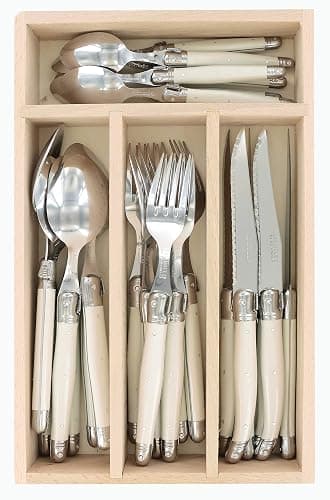 Andre Verdier Laguiole Debutant 24 Piece Flatware Set, Steak Knives, Forks, Soup Spoons, Teaspoons, Ivory Color, Made In France - Image 1