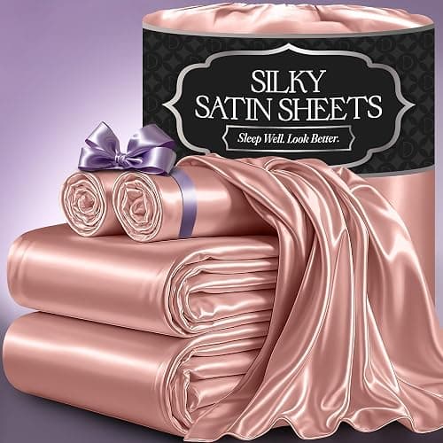 DECOLURE Satin Bed Sheets - 4 Piece Luxury Silky Full Size Bedding Set - Softer Than Silk, Wrinkle-Free with 15” Deep Pocket Fitted Sheet, Perfect for Hair & Skin, Gifts for Women (Blush Pink) - Image 1