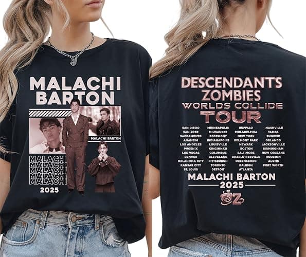 Descen.dan.ts Music Zombies Worlds Tour Shirt, Mala.chi Bar.ton T-Shirt, Zomb.ies Worlds Co.lli.de Tour Shirt - Image 1