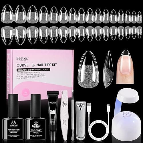 Beetles Gel Nail Kit Curve-EX, Almond Short, 320pcs 16 Sizes Nail Tips, with 15g Nail Glue Gel Hands-Free, 7.5ml Base Gel & Top Coat, Mini Lamp, for Acrylic Press On Nail, Extension DIY Set at Home - Image 1