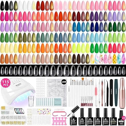 VANREESA 115Pcs Gel Nail Polish Kit with U V Light Nail Drill Almond Nail Tips -40 All Seasons Colors Gel Polish Set with 5Pcs Base Top Coat Gel Nail Kit for Beginners with Everything Gifts for Women - Image 1