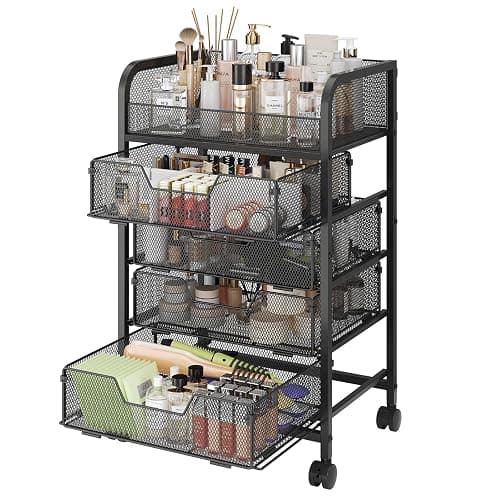 Hongtamoya Makeup Cart Organizer with 4 Drawers, Vanity Storage Organizer, Large Floor Skincare Organizers Cosmetics Display Cases for Skin Care Perfume Nail Polish, Black (Patent Pending) - Image 1