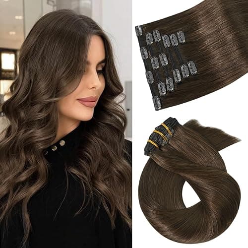 Aison Medium Brown Clip in Hair Extensions Real Human Hair 70G/7Pcs Soft Silky Straight 16clips Hair Extensions for Women 18 Inch - Image 1