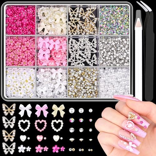 3D Nail Charms and Gems Set 7, 20PCS Chunky Butterfly Charms + 75PCS Coquette Nail Bows and Hearts + 3D Flowers for Nails with Rhinestones, Pearls, Diamonds and Picker Tools for Y2K Nail Decor - Image 1