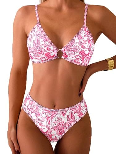 Fanuerg Women's Triangle Bikini Sets O Ring Linked Two Piece Swimsuits Floral Printed Cheeky Bathing Suit - Image 1