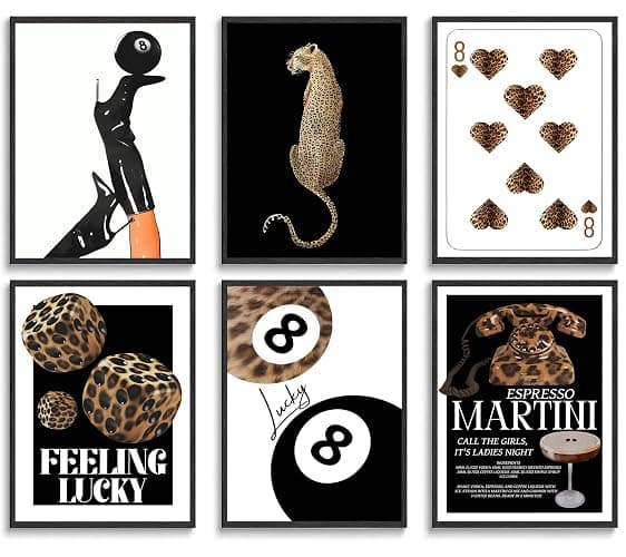 6Pcs Trendy Leopard Wall Art Prints Funky Lucky 8 Ball Posters Black Pool Wall Art Fashion Preppy Room Aesthetic Cheetah Wall Decor Pictures for Girly Bedroom Apartment Dorm Unframed (16L" x 12W") - Image 1