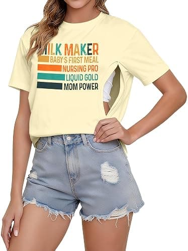 Women's Nursing Shirts for Breastfeeding Zipper Short Sleeves Mama Shirt Causal Maternity Nursing Graphic Tees Tops - Image 1