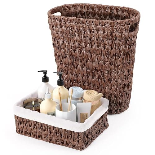 XLHOMO Bathroom Trash Can with Wicker Storage Baskets,12 Liter/3.2Gallon Small Trash Can Handwoven Waste Basket Narrow Small Garbage Can for Bedroom, Bathroom,Office - Image 1