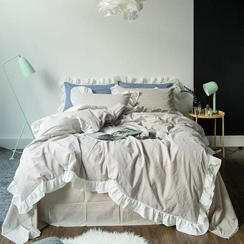 SUSYBAO Striped Ruffle Duvet Cover Queen 100% Washed Cotton 3 Pieces Set 1 Beige Ruffled Duvet Cover with Zipper Ties 2 Pillow Shams Farmhouse Soft White Lace Bedding Set Breathable - Image 1