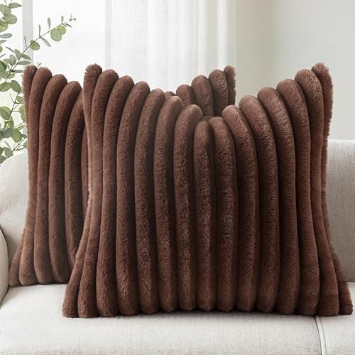 Simmore Faux Fur Couch Throw Pillow Covers 18x18 Set of 2, Decorative Soft Striped Plush Pillow Covers with Velvet Back for Sofa Bed Living Room, Chocolate - Image 1