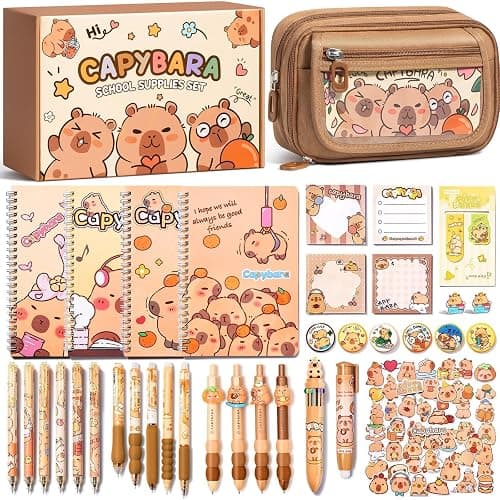 Kid School Supplies for Girl Age 5 6 7 8-12 13 14 Year Old, 36PCS Kawaii Tween Teen Girl Birthday Easter Gift Cute Capybara Stationery Set w/Pencil Case Gel Pen Pencil Sticker Notebook Sticky Note - Image 1