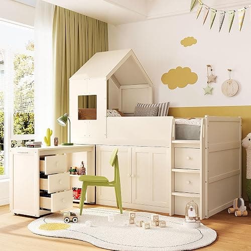 VilroCaz Twin Size Wooden Loft Bed with Pull-Out Desk, Drawers and Cabinets, Playhouse Design Low Loft Bed Frame with Roof for Kids Teens Girls Boys, Sturdy Slats Support (Beige-1.7) - Image 1