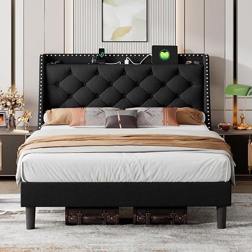 iPormis Full Bed Frame with 16" Comfort Wingback & Charging Station, Upholstered Platform Bed with Button Tufted Storage Headboard, Solid Wood Slats Support, No Box Spring Needed, Black - Image 1
