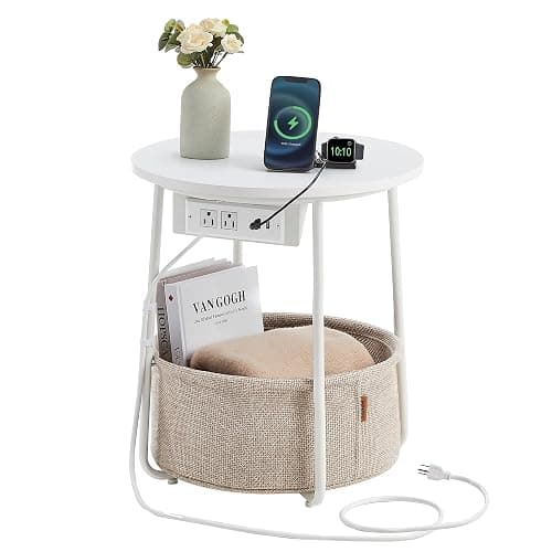VASAGLE LILEA Collection - Side Table with Charging Station, Round End Table with Fabric Basket, Nightstand with USB Ports, for Living Room, Bedroom, Modern, Matte White and Camel Brown ULET228W01 - Image 1