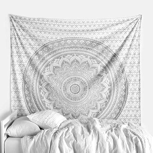 Popular Handicrafts Tapestry Wall Hanging Hippie Ombre Mandala Bohemian Hippy Metallic Shine Intricate Indian Tapestries Bedspread 54 x 82 Inches (140cm x 210cm) Silver - Image 1