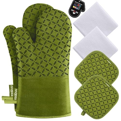 KEGOUU Oven Mitts and Pot Holders 6pcs Set, Kitchen Oven Glove High Heat Resistant 500 Degree Extra Long Oven Mitts and Potholder with Non-Slip Silicone Surface for Cooking (Olive Drab) - Image 1