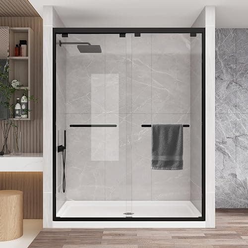 KPUY Glass Shower Door, 55-60" W x 76" H Semi-Frameless Double Sliding Shower Door, 1/4" (6mm) Thick Tempered Clear Glass with Explosion-Proof Film Nano Coating, Matte Black - Image 1