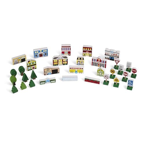 Melissa & Doug Wooden Town Play Set with Storage Tray (32 pcs) Pretend Play Wooden Town Set for Kids with Storage - Image 1