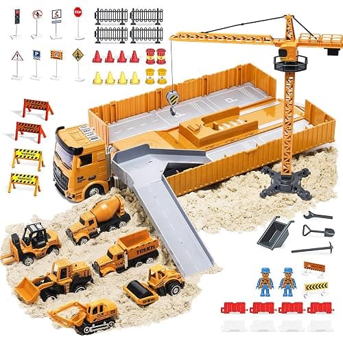 OR OR TU Construction Truck Car Toys Beach Vehicle Toys Kids Engineering Car Set with Crane,Forklift,Bulldozer,Excavator,Roller,Cement Truck,Dumper Birthday Gift for 3 4 5 6 Years Old Boys Girls Kids - Image 1