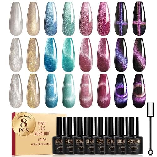 ROSALIND Cateye Gel Polish, 8 Colors Holographic Magnetic Cat Eye Gel Nail Polish Set with Magnet, Red Blue Purple Black Gel Polish Galaxy Collection Nail Art Gift DIY at Home - Image 1