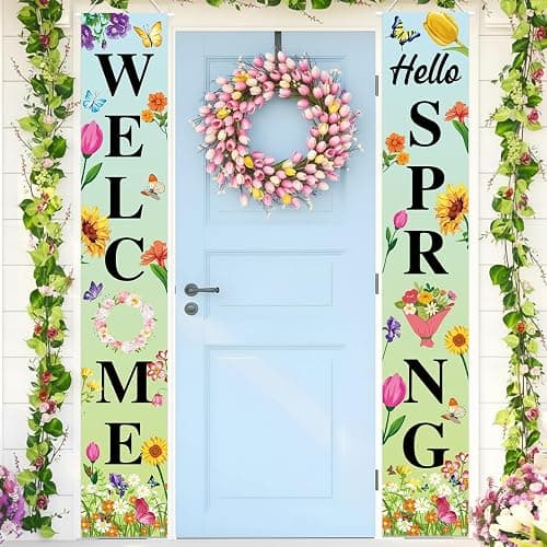Hello Spring Banner Floral Porch Sign Spring Outside Decorations Party spring Door Decor 71x12 Inch for Front Door Colorful Floral with Green Leaves Porch Sign for Work Classroom Hanging door Banners (GREEN) - Image 1