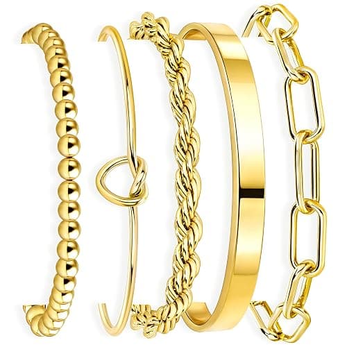 Gokeey Gold Bracelets for Women Non Tarnish, 14K Gold Plated Chunky Cuff Bracelet Gold Bangles Bracelet for Women Trendy Tie Knot Cuban Rope Paperclip Beaded Bracelet Stack Jewelry Gifts - Image 1