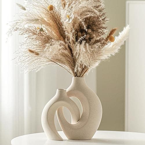 Lvases Snuggle Hollow Ceramic Vase Set of 2, Boho Home Decor for Tabletop | Modern Nordic Flower Vase for Pampas Grass, Decorative Coffee-Table Centerpiece for Living Room, 6.3 x 8.4 in, Milky White - Image 1