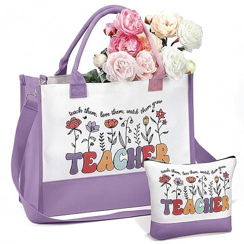 Shinylin 2 Pcs Teacher Appreciation Gifts Canvas Tote Bag with Makeup Bag Thank You Gift for Teacher from Student Retirement - Image 1