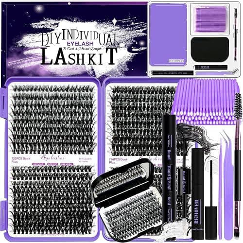 DNSGOOR DIY Extension Kit 840Pcs D-Curl Lash Clusters, Mirror Storage Box, Bond & Seal Glue Remover, Tweezers, Brush Applicator - Image 1