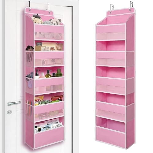 TYMENSH Over Door Organizer with 5 Large Pockets, Heavy Duty Hanging Organizer Storage, Closet Bathroom Nursery Bedroom Dorm, Toys Cosmetics Sundries and Baby Essentials, Pink - Image 1