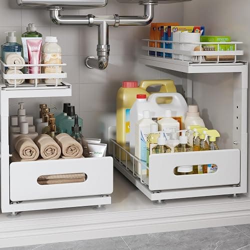 Biboraya 2 Pack Under Sink Organizer with Smooth Ball Bearing Slides,2-Tier Pull Out Cabinet Storage,Slide Out Drawers for Bathroom&Kitchen,Under Sink Shelf,Rust-resistant Coating,Height Adjustable - Image 1