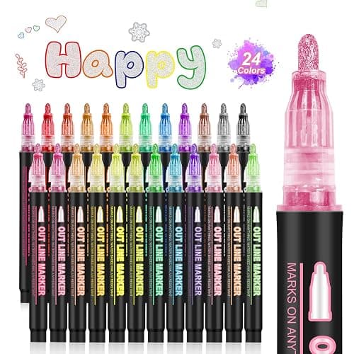 ATDOALL Double Line Outline Markers, 24 Colors Self-Outline Metallic Markers Super Squiggles Shimmer Outline Marker Set for Drawing, Birthday Greeting Card, Doodling, Journal, DIY Art Crafts - Image 1