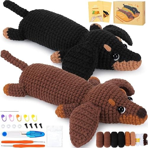 Crochet Kit for Beginners - 2 PCS Dachshund Crochet Kits with Step-by-Step Video Tutorials, Beginner Crochet Kit for Adults Kid, Crochet Animal Kit, Dog Craft Knitting Kit Crochet Gifts - Image 1