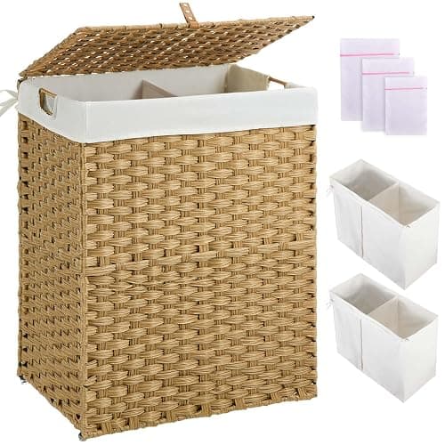 Greenstell Laundry Hamper with lid, No Install Needed, 110L Wicker Laundry Baskets Foldable 2 Removable Liner Bags, 2 Section Clothes Hamper Handwoven Rattan Laundry Basket with Handles, Natural - Image 1