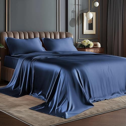 BEDELITE Satin Sheets Queen Size Bed Set, Luxury Soft Navy Silky Sheets for Hair and Skin, Similar to Silk Bed Sheets Set 4 Pieces (1 Deep Pocket Fitted Sheet, 1 Flat Sheet, and 2 Pillowcases) - Image 1