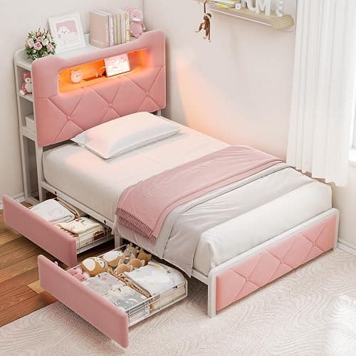 Twin Upholstered LED Bed Frame with 2 Storage Drawers and 2-Tier Storage Bookcase Headboard, Velvet Princess Platform Bed for Kids/Girls/Boys, Heavy Duty Metal Support, No Box Spring Needed, Pink - Image 1